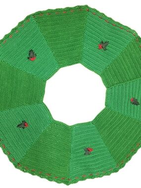 Christmas Tree Skirt Mini 14.5" Tabletop Handmade Green Cotton Embroidered
